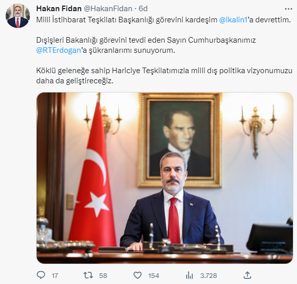 Dışişleri Bakanı Fidan'dan ilk tweet: Köklü geleneğe sahip Hariciye Teşkilatımızla milli dış politika vizyonumuzu daha da geliştireceğiz