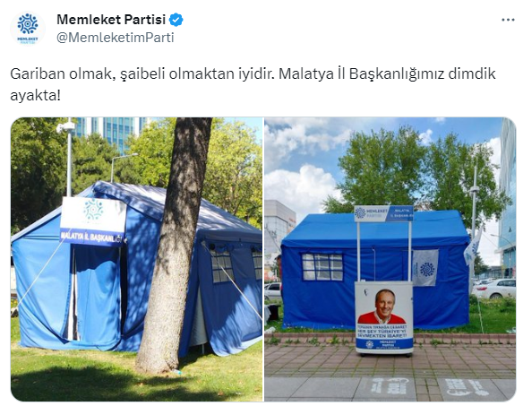 Memleket Partisi'nin Malatya İl Başkanlığı binası olarak kullandığı çadır çalındı