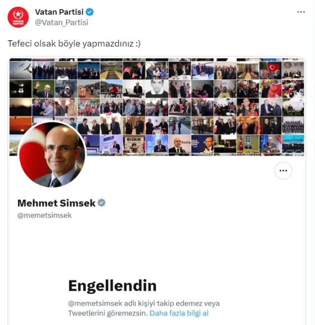 Mehmet Şimşek, Vatan Partisi'ni Twitter'da engelledi
