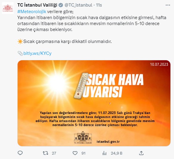 İstanbul Valiliği'nden yüksek sıcaklık uyarısı: Saat 11.00-16.00 arasında dikkatli olun