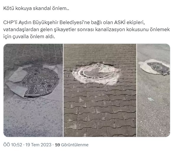 Aydın Büyükşehir Belediyesi'nden kötü kokuya tepki çeken çözüm! Kanalizasyon kapaklarını çuvalla kapattılar