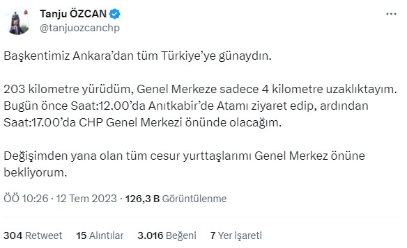 Bolu'dan Ankara'ya yürüyen Tanju Özcan'dan vatandaşlara çağrı: Saat 17.00'de CHP Genel Merkezi'nde buluşalım