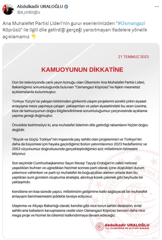 Kılıçdaroğlu'nun Osmangazi Köprüsü ile ilgili iddialarına Bakan Uraloğlu'ndan yanıt: Rakamların hiçbiri doğru değil