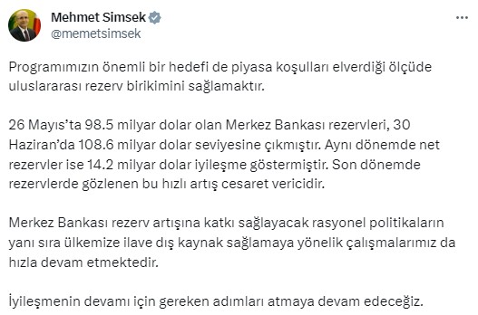 Son Dakika! Bakan Şimşek: Merkez Bankası rezervleri 108.6 milyar dolar seviyesine çıktı, bu hızlı artış cesaret verici