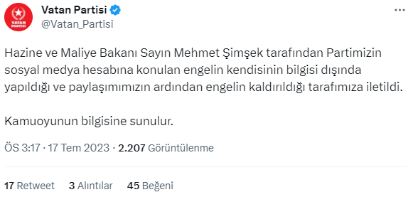 Mehmet Şimşek, Twitter'da Vatan Partisi'nin engelini kaldırdı