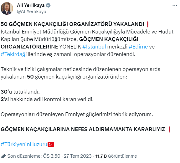Son Dakika: İstanbul, Tekirdağ ve Edirne'de 50 göçmen kaçakçılığı organizatörü yakalandı