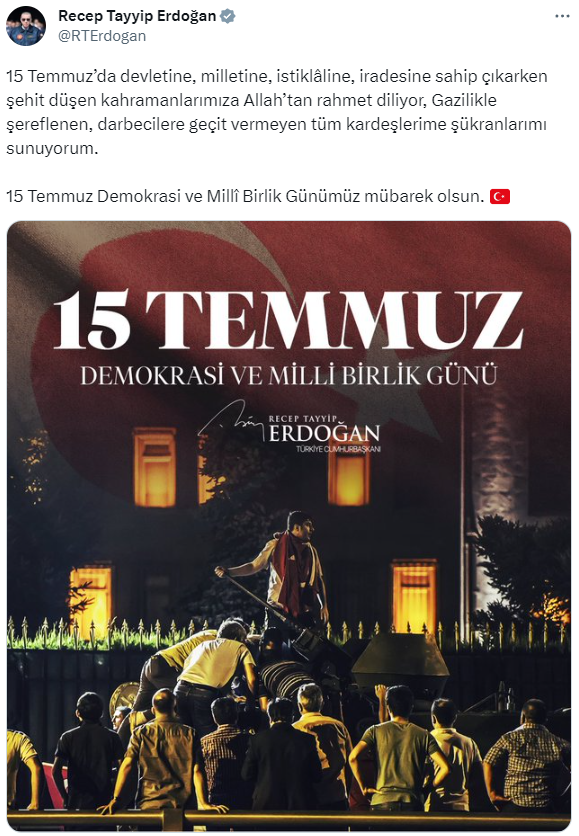 Cumhurbaşkanı Erdoğan'dan 15 Temmuz mesajı: Darbecilere geçit vermeyen kardeşlerime şükranlarımı sunuyorum