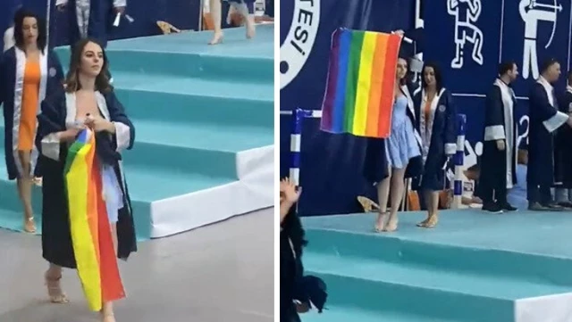 Kız öğrenci eteğine sakladığı LGBT bayrağını sahnede açtı! Törene damga vuran olay sonrası üniversite harekete geçti