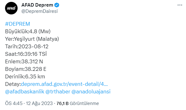 Son Dakika: Malatya'da 4.8 büyüklüğünde deprem meydana geldi