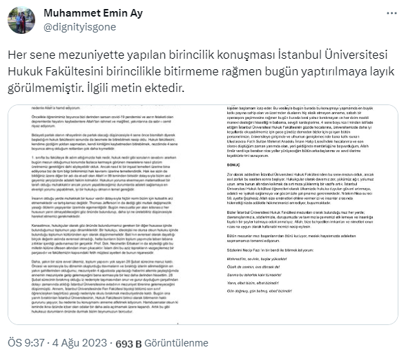 İstanbul Üniversitesi'nde skandal iddia: Mezuniyette hukuk birincisine metindeki 2 detay yüzünden konuşma yaptırılmadı