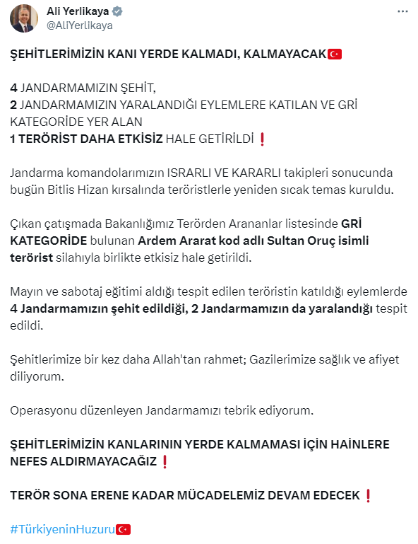 Bitlis'te çıkan çatışmada gri kategoride bulunan terörist etkisiz hale getirildi