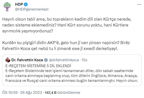 HDP'nin e-Reçete'ye yönelik Kürtçe tepkisine Sağlık Bakanı Fahrettin Koca'dan yanıt geldi