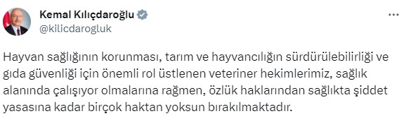 Kılıçdaroğlu'ndan veterinerlere destek: Hekimlerimizin sorunlarını çözmek için derhal etkili adımlar atılmalı