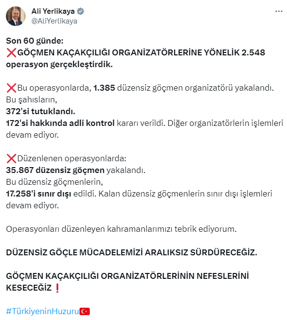 İçişleri Bakanı Yerlikaya: Son 60 günde 17 bin 258 düzensiz göçmen sınır dışı edildi