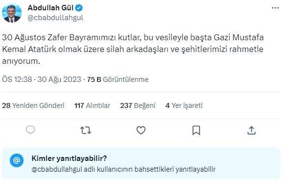 Abdullah Gül, 30 Ağustos'u yorumları kapatarak kutladı