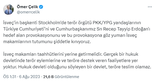 AK Parti Sözcüsü Çelik'ten İsveç'e sert tepki: Erdoğan'ı hedef alan provokasyonu kınıyoruz
