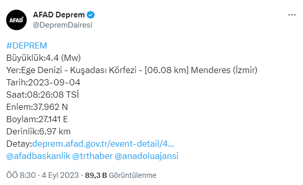 Son Dakika! Kuşadası Körfezi'nde 4.4 büyüklüğünde deprem