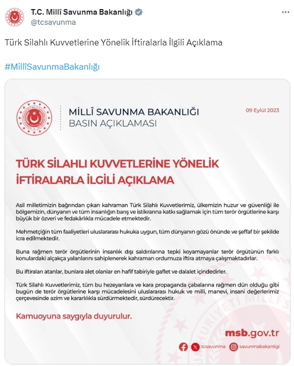 TSK'ya iftira atan CHP'li Tanrıkulu'na MSB'den sert tepki: TSK, terör örgütlerine karşı mücadelesini kararlılıkla sürdürecektir