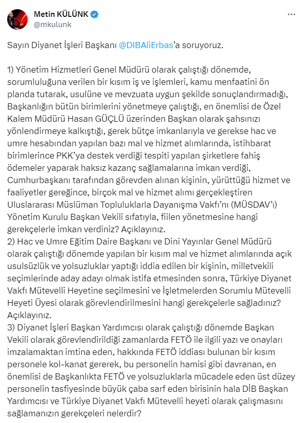 AK Partili Külünk, Diyanet'ten sonra bu kez de YÖK'ü hedef aldı! Eski rektörle ilgili 4 FETÖ sorusu yöneltti