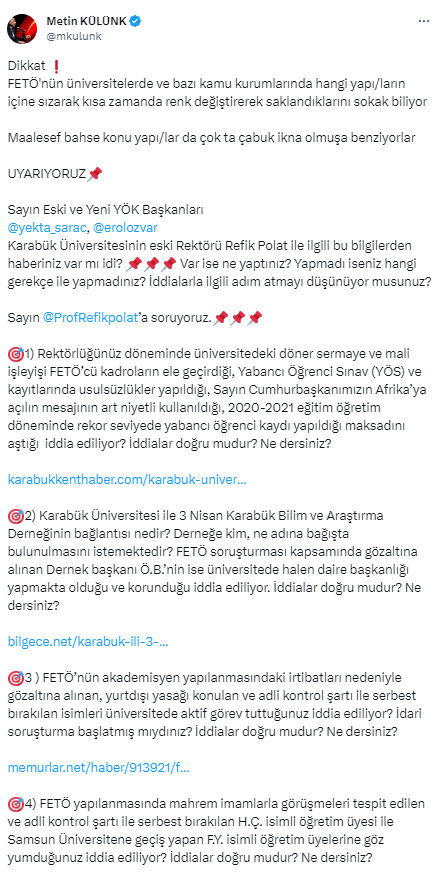 AK Partili Külünk, Diyanet'ten sonra bu kez de YÖK'ü hedef aldı! Eski rektörle ilgili 4 FETÖ sorusu yöneltti