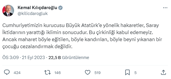Kılıçdaroğlu, Atatürk'e hakaret eden lise öğrencisinin tutuklanmasına karşı çıktı