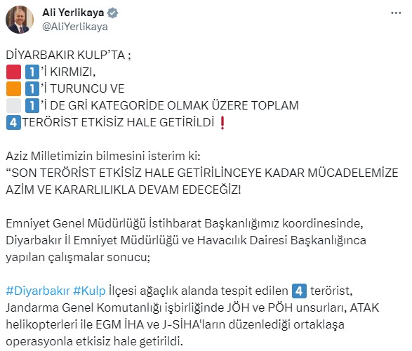 Son Dakika! Diyarbakır'da kırmızı, turuncu ve gri kategorideki 4 terörist etkisiz hale getirildi