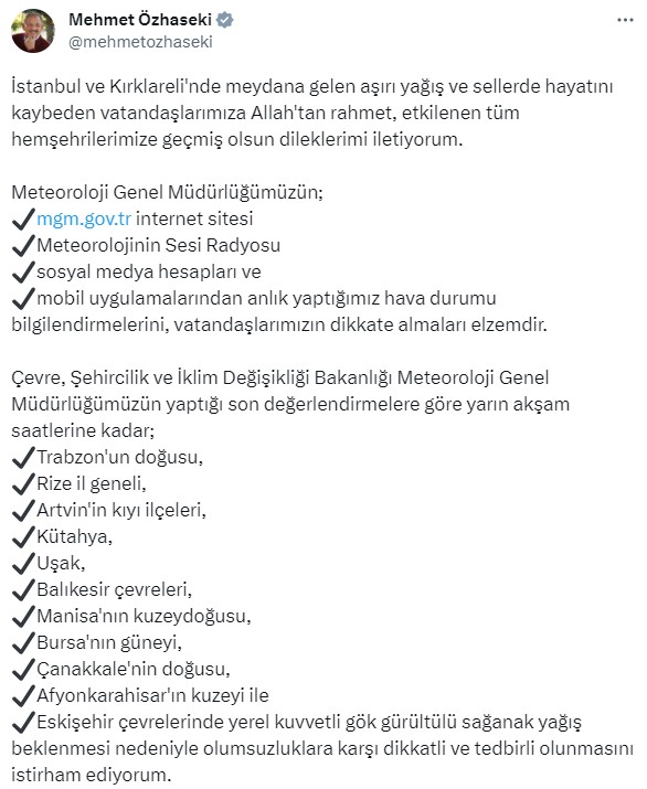 Bakan Özhaseki'den 11 il için kuvvetli gök gürültülü sağanak yağış uyarısı