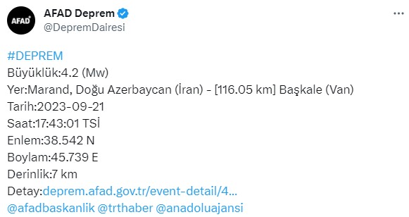 Son Dakika: Azerbaycan-İran-Van sınırında hissedilen 4.2 büyüklüğünde deprem meydana geldi
