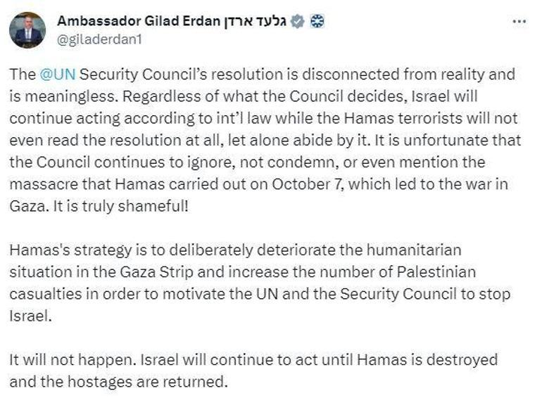 İsrailli temsilciden BM’nin ateşkes kararına yanıt: Böyle bir şey olmayacak