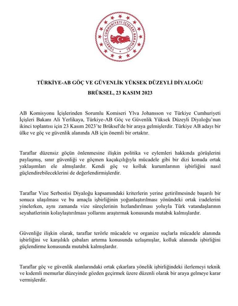 Türkiye - AB Göç ve Güvenlik Yüksek Düzeyli Diyaloğu ortak açıklaması