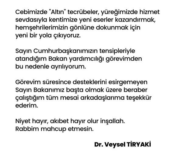Bakan Yardımcısı Veysel Tiryaki, belediye başkan adaylığı için görevinden istifa etti