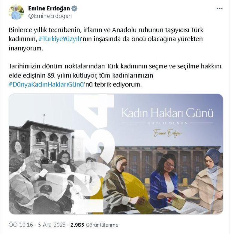 Emine Erdoğan: Tüm kadınlarımızın Dünya Kadın Hakları Günü'nü tebrik ediyorum