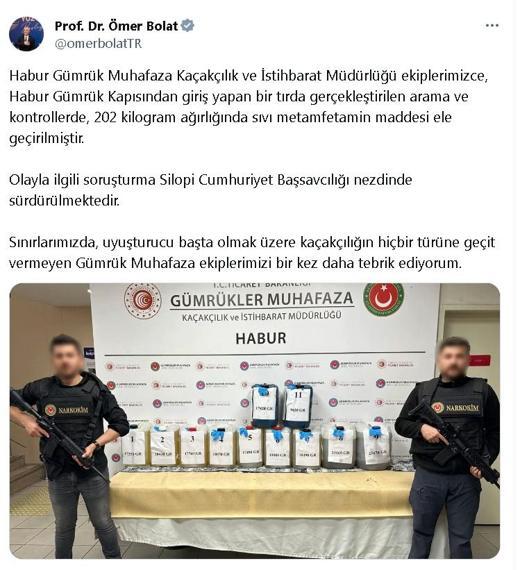 Bakan Bolat: Habur'daki TIR'da 202 kilo metamfetamin ele geçirildi