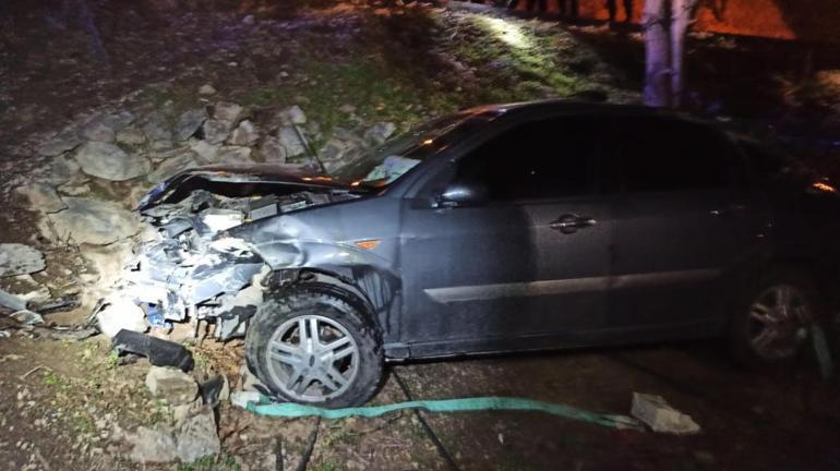 Otomobil, bahçeye düşüp, ağaca çarptı; hamile sürücü yaralandı