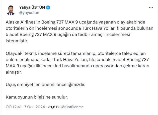 THY, Boeing 737 MAX 9 tipi uçakları operasyondan çekti