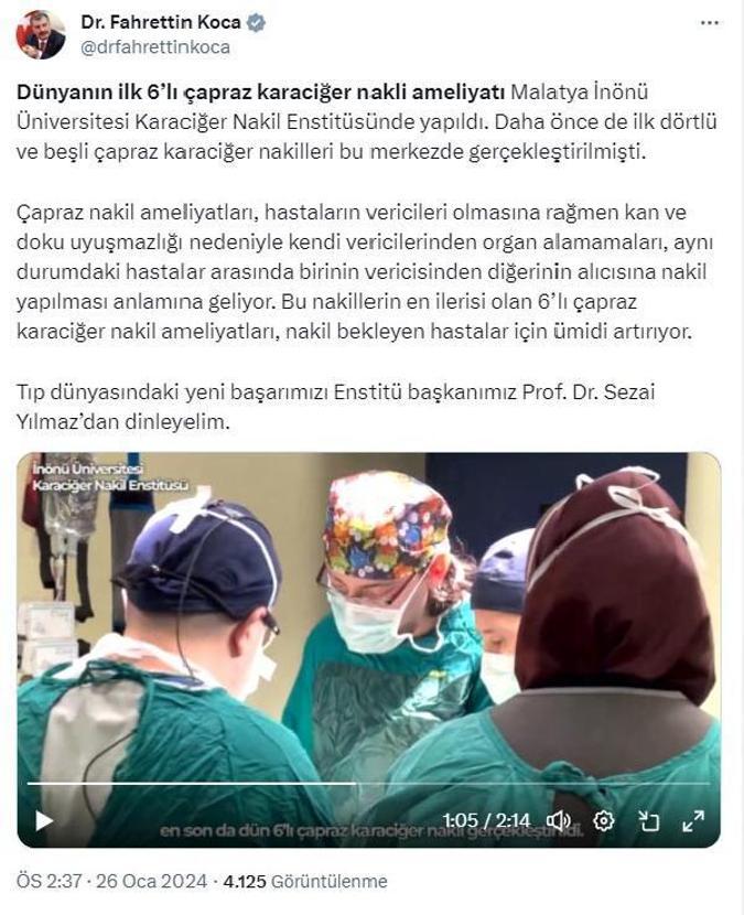 Bakan Koca: İlk 6'lı çapraz karaciğer nakli Malatya'da yapıldı
