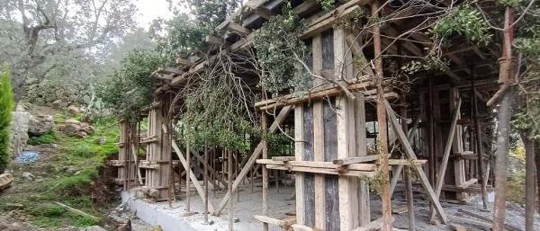 Bodrum'da ağaç dallarıyla gizlenmiş kaçak yapıya yasal işlem