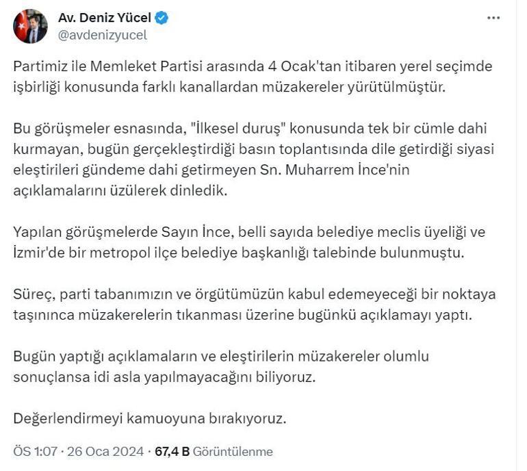 CHP'li Yücel: Muharrem İnce, belediye meclis üyeliği ve ilçe belediye başkanlığı talep etti