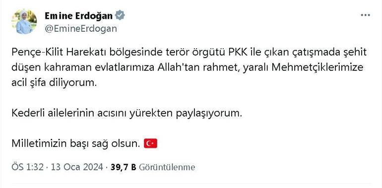 Emine Erdoğan'dan şehitler için başsağlığı mesajı