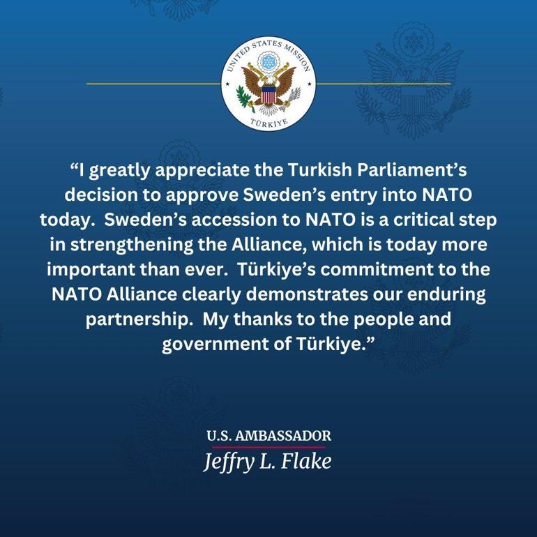 ABD Büyükelçisi Flake: TBMM’nin İsveç’in NATO’ya katılımını onaylama kararını büyük bir takdirle karşılıyorum