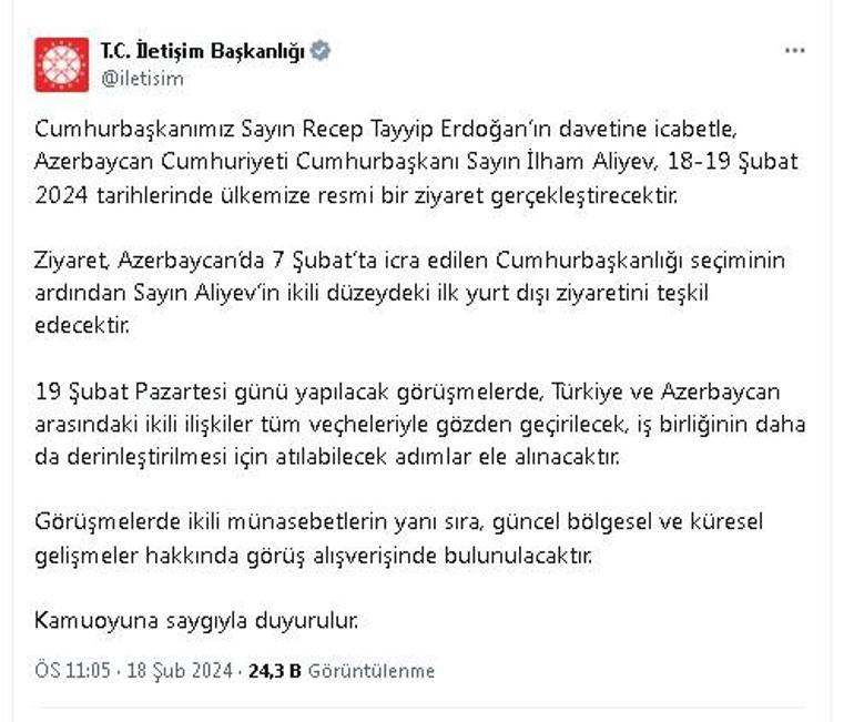 Azerbaycan Cumhurbaşkanı Aliyev, Cumhurbaşkanı Erdoğan'ın daveti üzerine Türkiye'ye geliyor