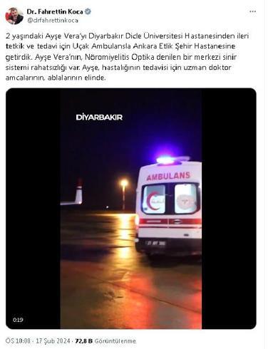 Bakan Koca: 2 yaşındaki Ayşe, tedavisi için Diyarbakır'dan Ankara'ya getirildi