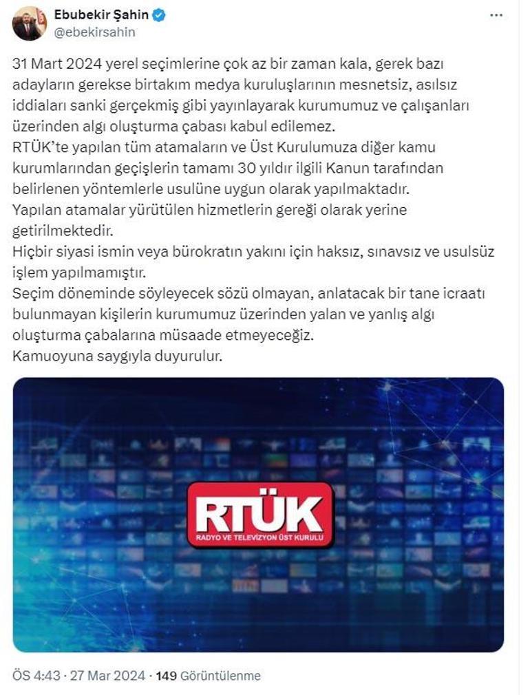 RTÜK Başkanı Şahin: Sınavsız ve usulsüz bir işlem yapılmamıştır