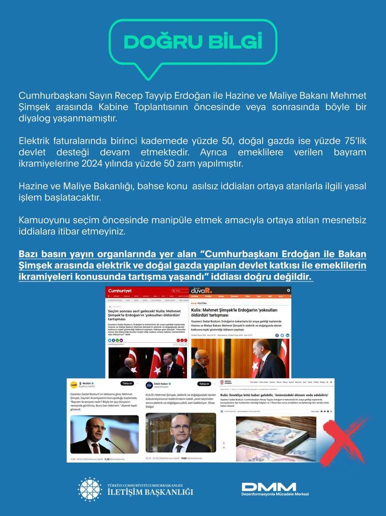 İletişim Başkanlığı'ndan 'Cumhurbaşkanı Erdoğan ile Bakan Şimşek arasında tartışma yaşandı' iddiasına yalanlama
