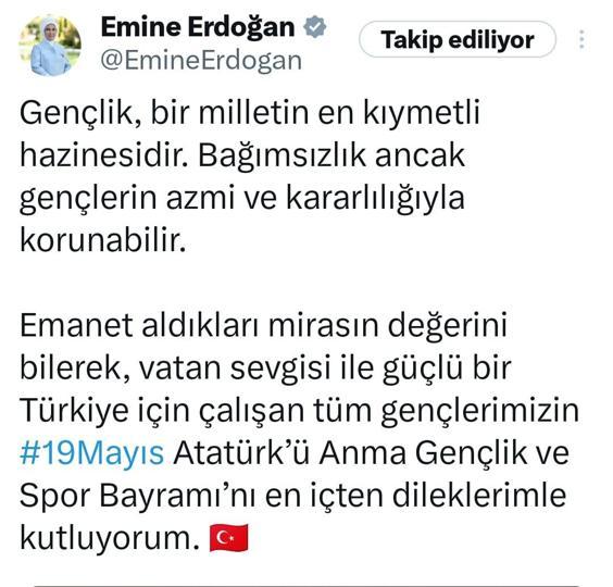 Emine Erdoğan'dan 19 Mayıs mesajı