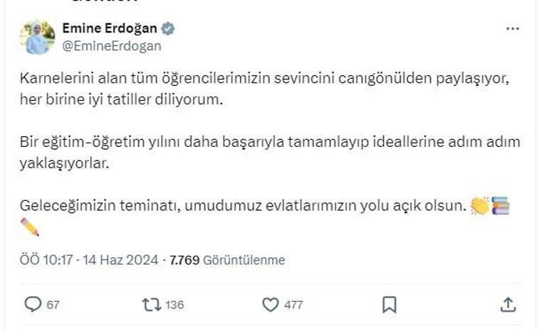 Emine Erdoğan'dan 'karne' mesajı