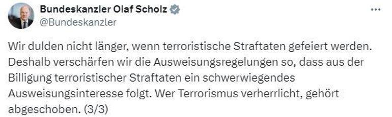 Scholz: Terörizmi yücelten herkes sınır dışı edilmelidir