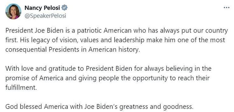 Pelosi: Tanrı Amerika'yı Joe Biden'ın büyüklüğü ve iyiliği ile kutsamıştır