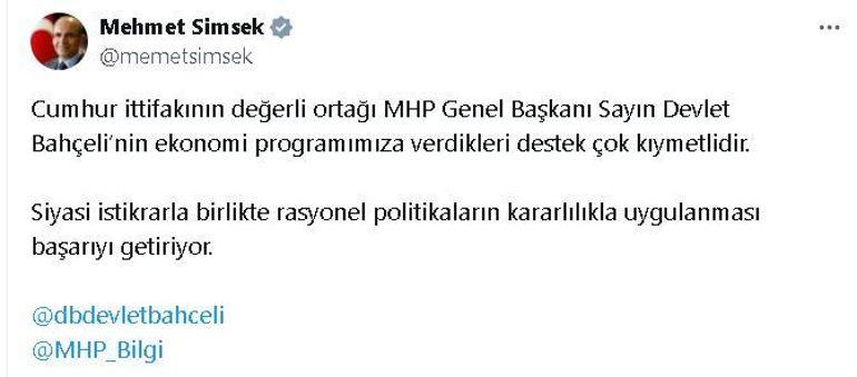 Bakan Şimşek: Bahçeli'nin ekonomi programımıza desteği kıymetlidir