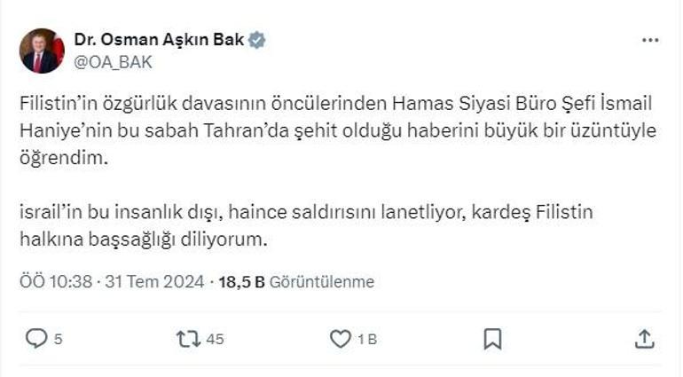 Bakan Bak, Filistin halkına başsağlığı diledi